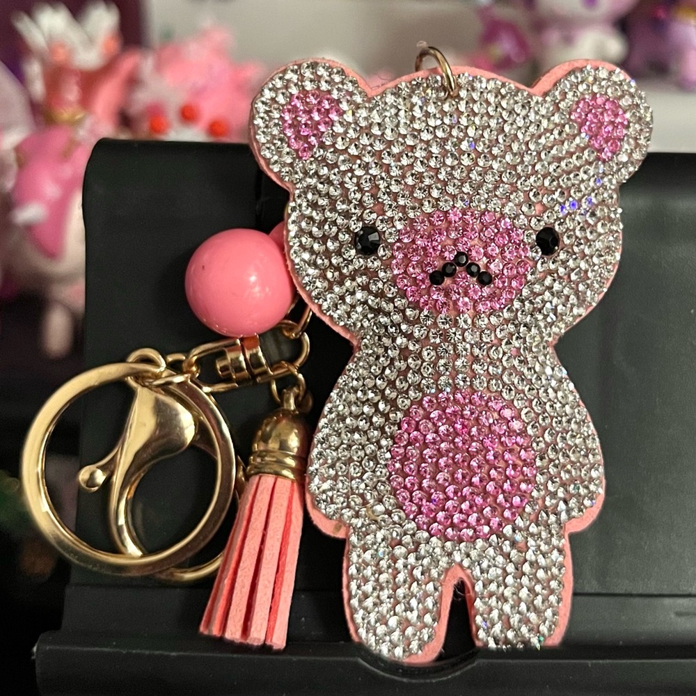 Rhinestone Pink Bear Keychain Clip